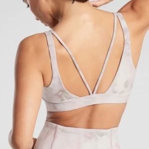 Athleta Exhale Sports Bra in Pink and Grey Watercolor Pattern